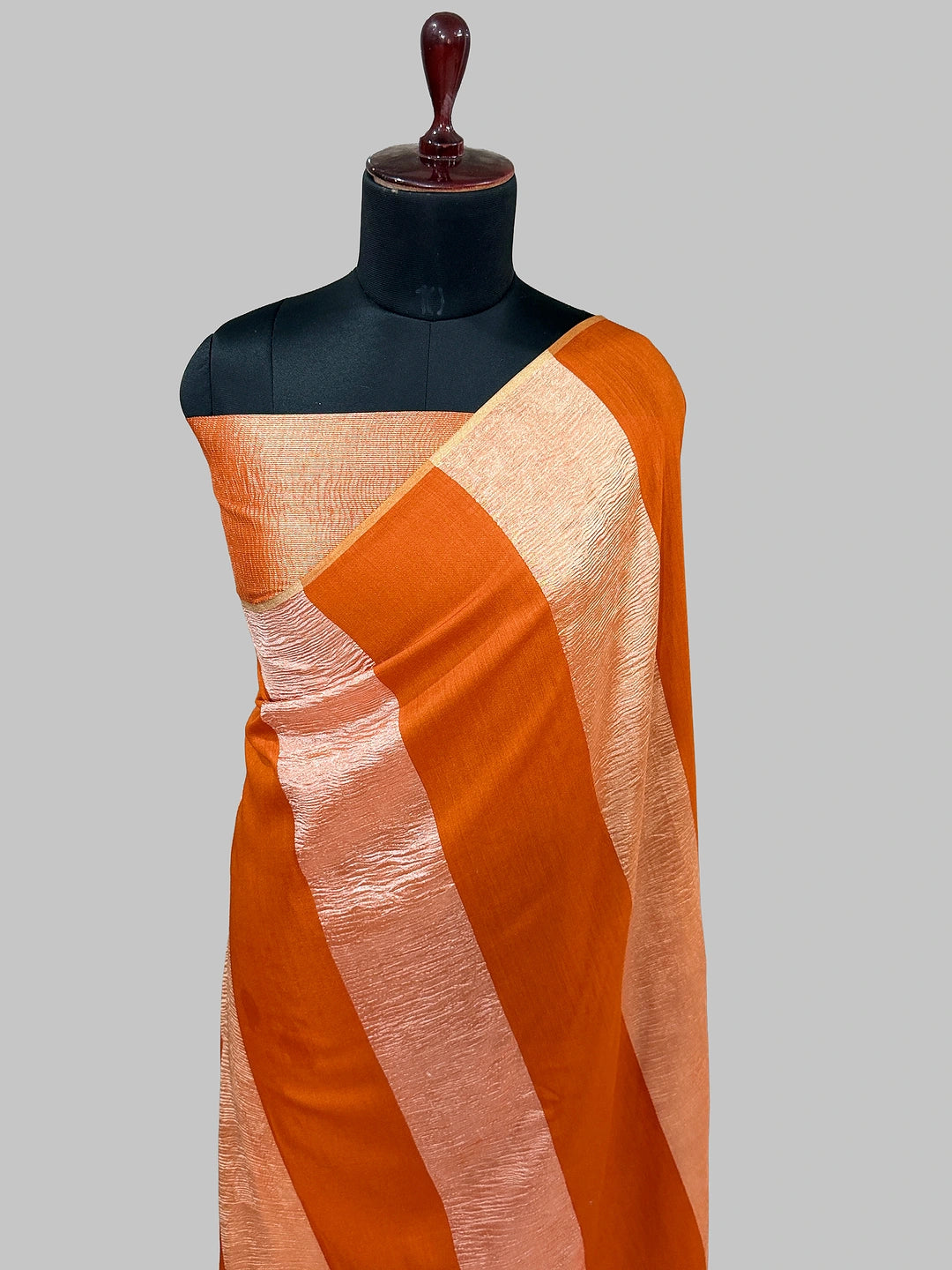 Pure Moonga Handloom Banarasi Saree in Rust Orange with Gold & Rose Gold Zari Stripes