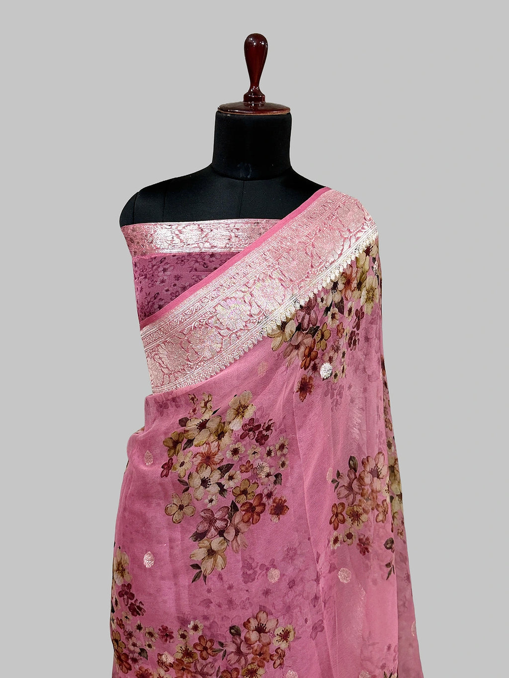 Pure Chiffon Khaddi Handloom Banarasi Saree with Rupa Zari & Handbrush Floral