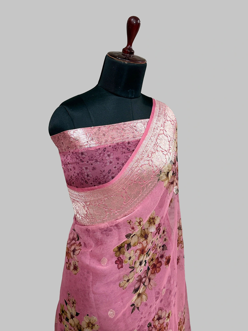 Pure Chiffon Khaddi Handloom Banarasi Saree with Rupa Zari & Handbrush Floral