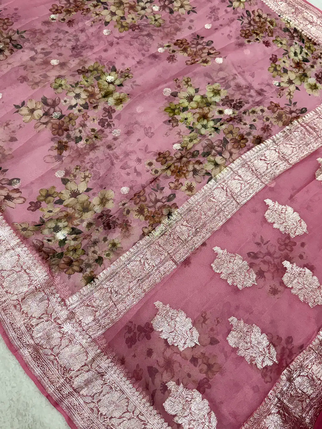 Pure Chiffon Khaddi Handloom Banarasi Saree with Rupa Zari & Handbrush Floral