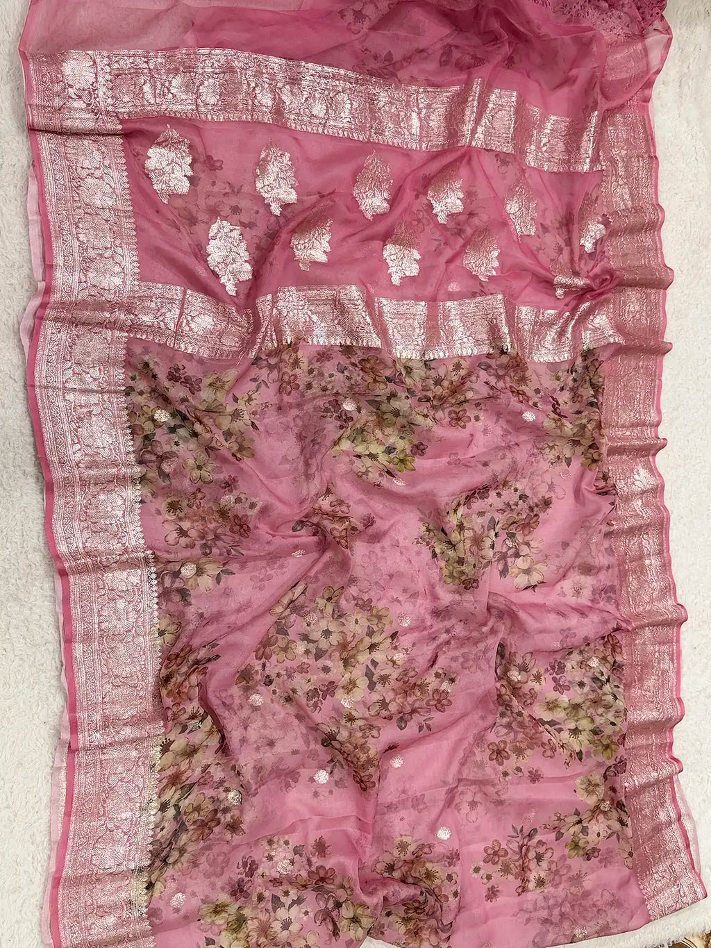 Pure Chiffon Khaddi Handloom Banarasi Saree with Rupa Zari & Handbrush Floral
