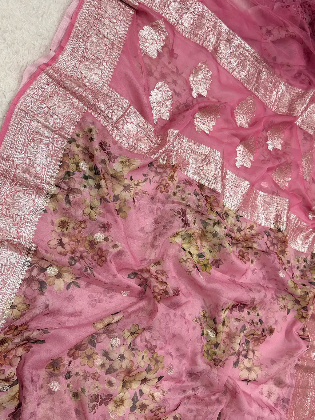 Pure Chiffon Khaddi Handloom Banarasi Saree with Rupa Zari & Handbrush Floral