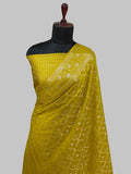 Pure Chiniya Handloom Saree Mustard Yellow draped on mannequin - front view