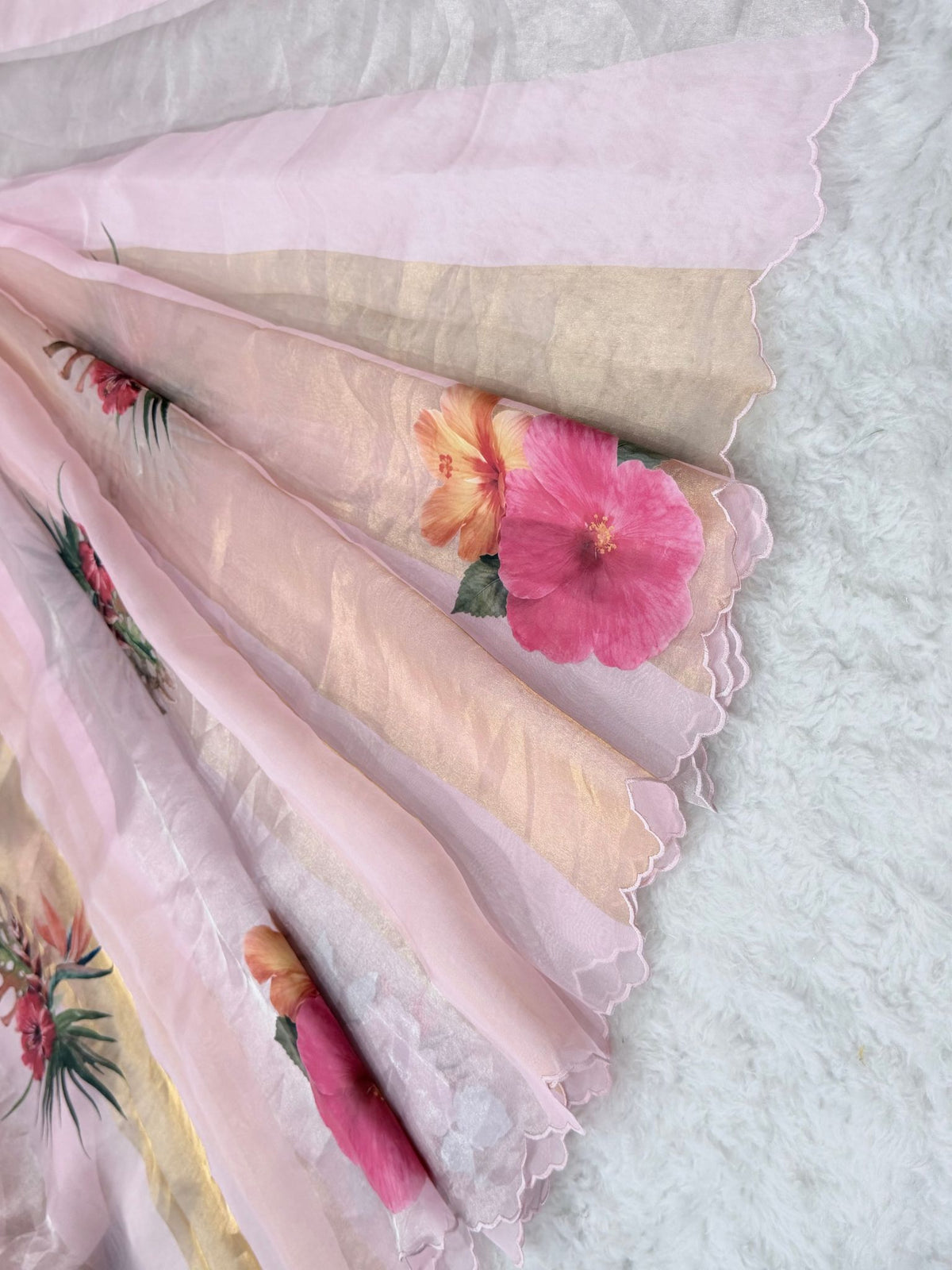 Pure Organza Handloom Saree with Gold & Silver Zari Stripes and Digital Floral Print