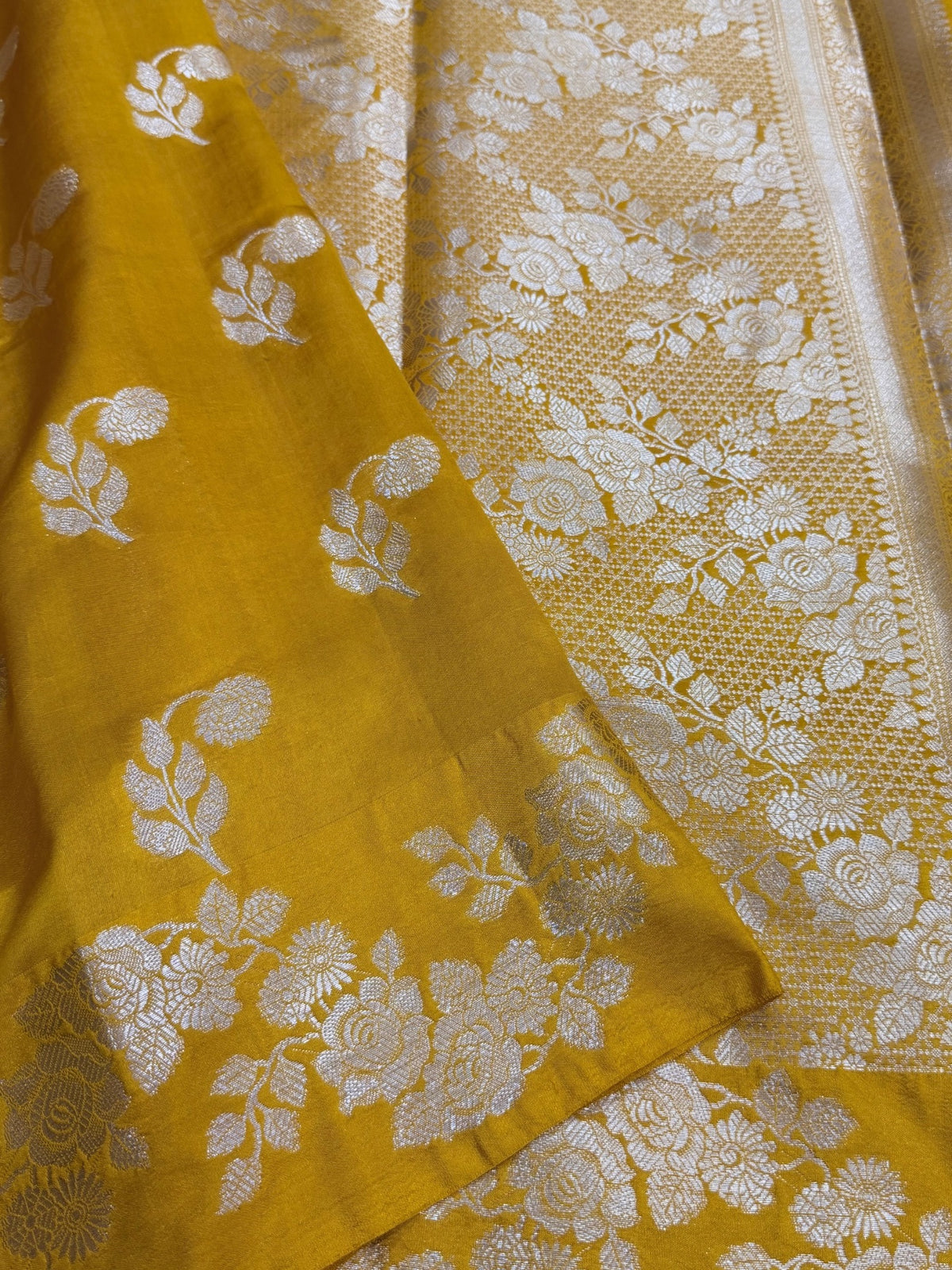 Pure Raw Mango Handloom Saree with Floral Golden Zari Buta