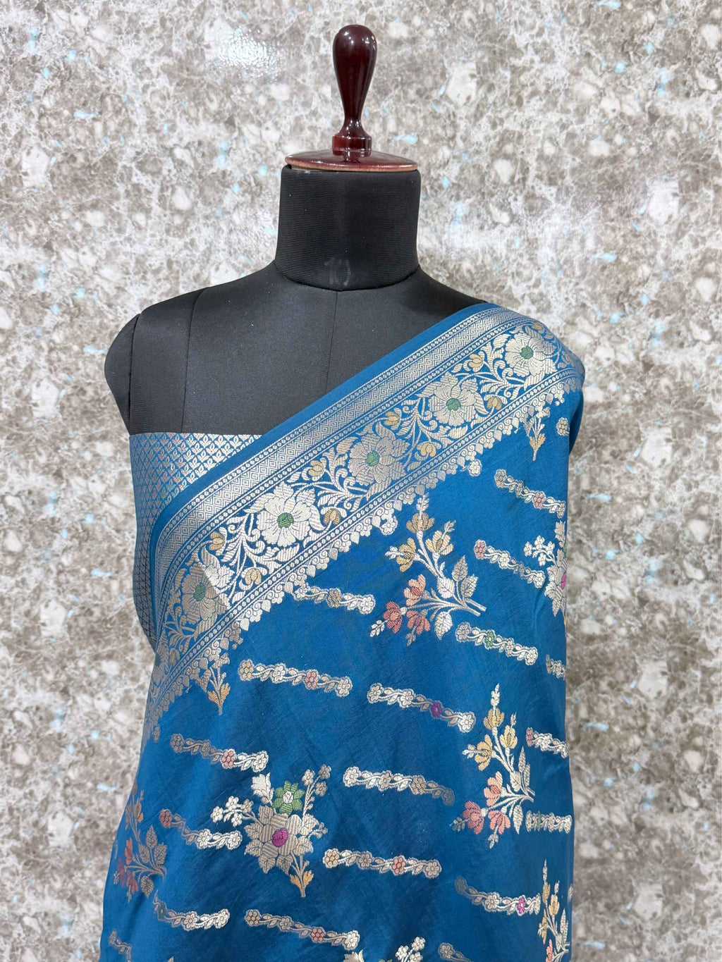 Pure Chinia Meenakari Silk Saree in German Blue | Handloom Banarasi Saree with Silver Zari Floral Jaal